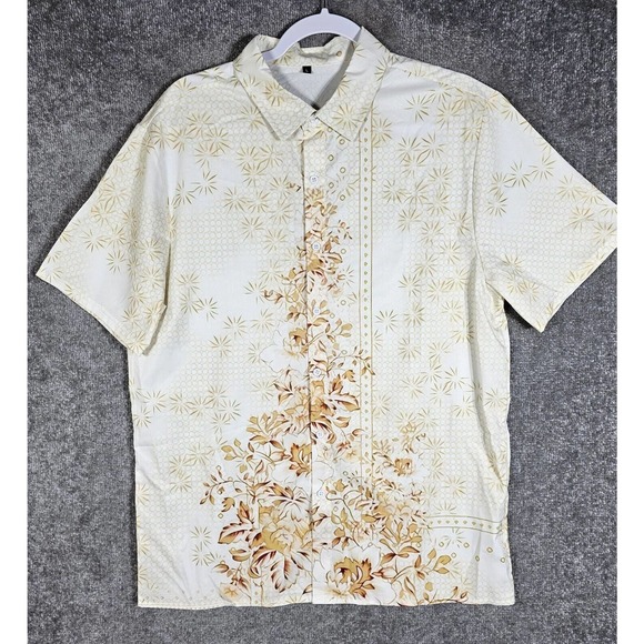 Starburst Honeycomb Floral Button Up Shirt Mens Size Large Collared Short Sleeve - Picture 1 of 8